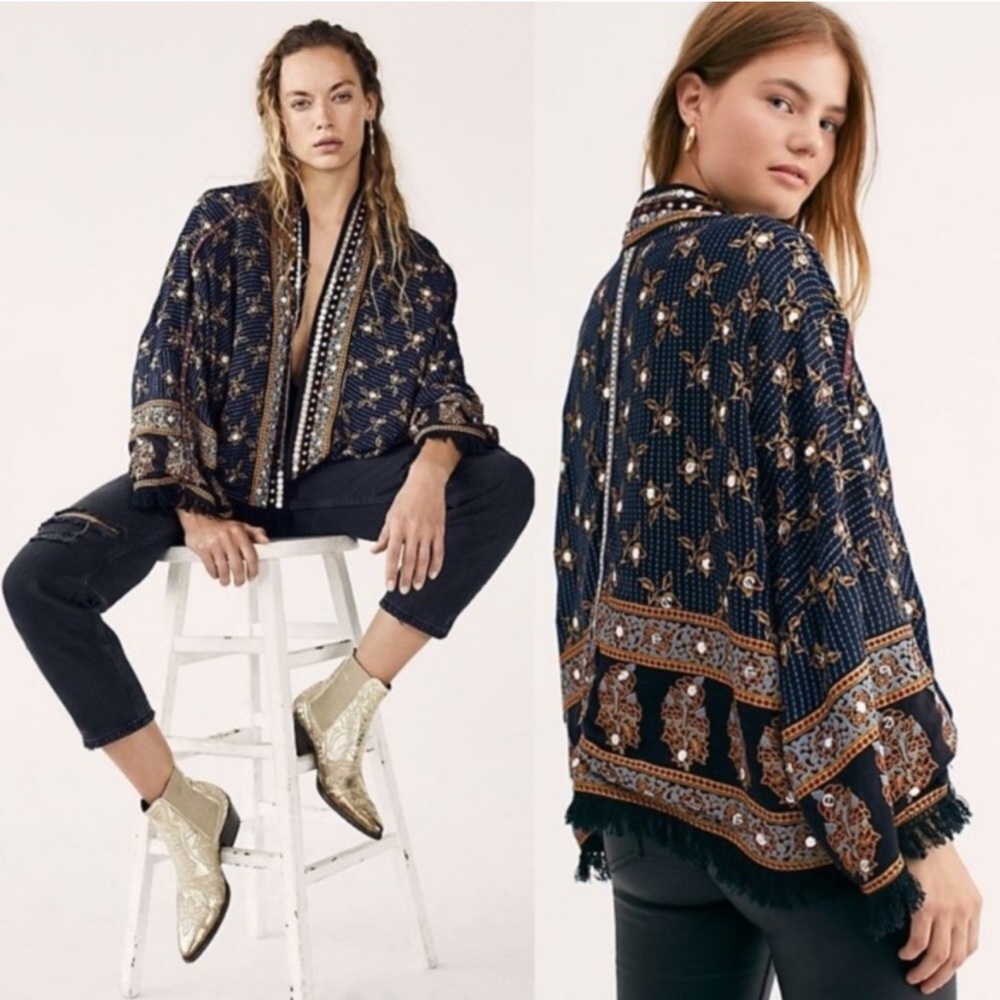 Free People Ray Of Light Embellished Fringe Trim Jacket